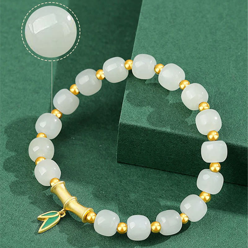 Braccialetto della fortuna in bambù e giada bianca Hetian in argento sterling 925 Buddha Stones