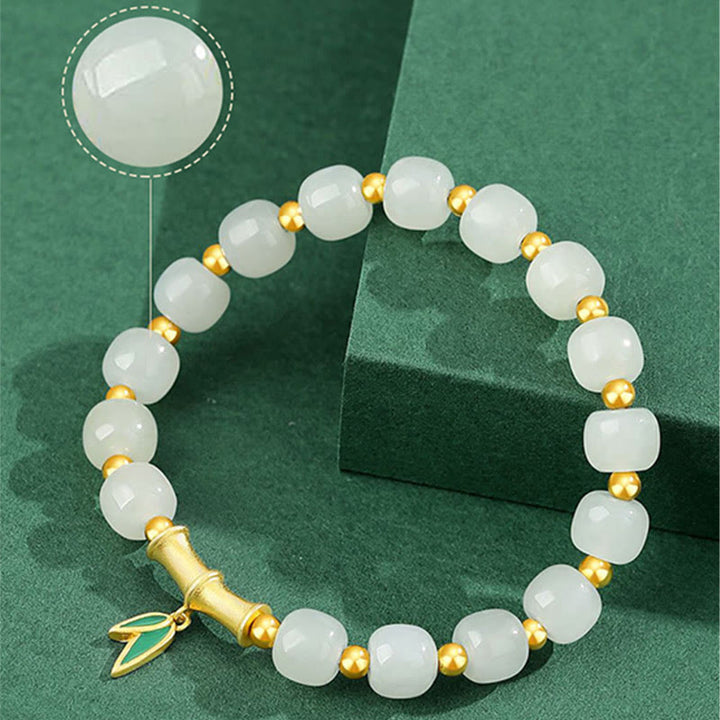 Braccialetto della fortuna in bambù e giada bianca Hetian in argento sterling 925 Buddha Stones