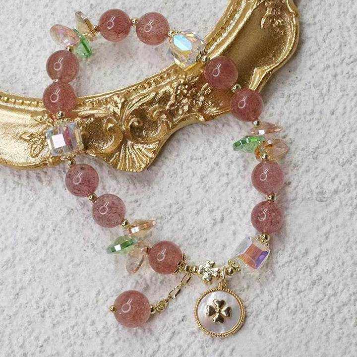 Braccialetto portafortuna con ciondolo curativo a forma di quadrifoglio fortunato in quarzo fragola Buddha Stones