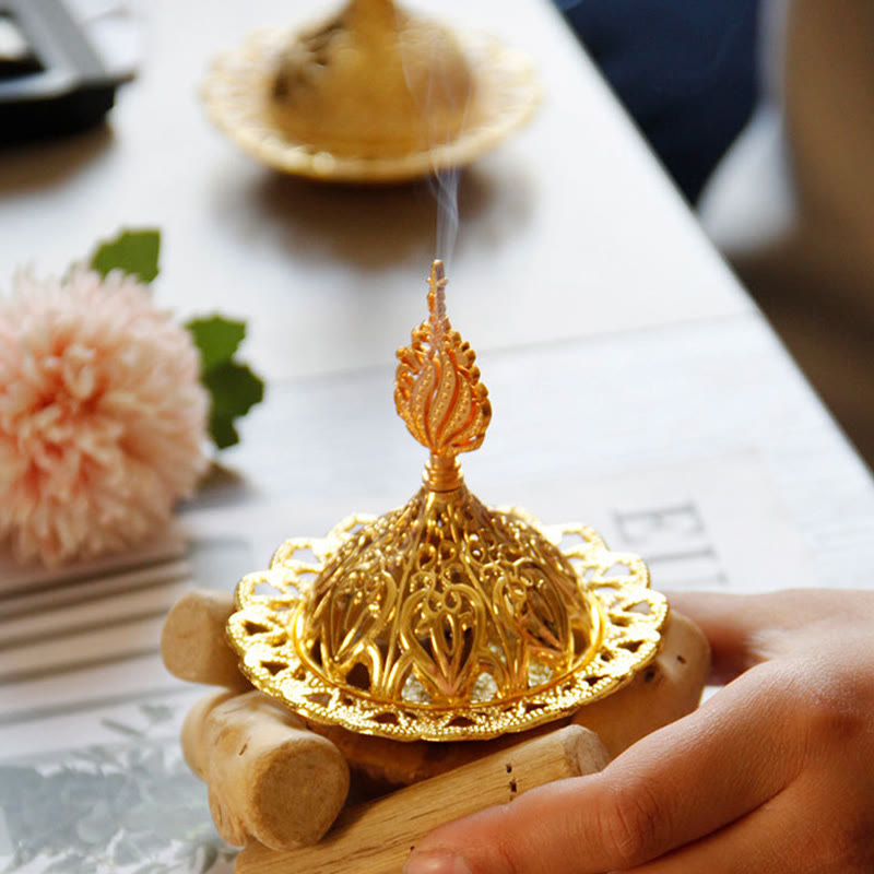 Mini bruciatore di incenso curativo in lega d'oro con sottobicchiere in legno, decorazione per la casa
