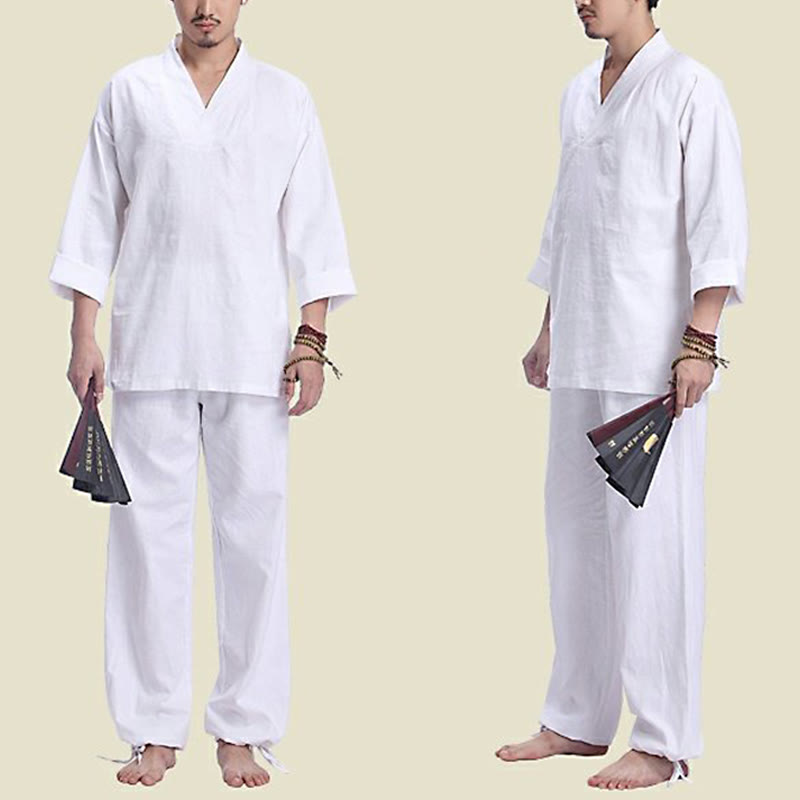 Set da uomo di abbigliamento yoga Buddha Stones a V, in cotone e lino, per meditazione e preghiera, spirituale e zen