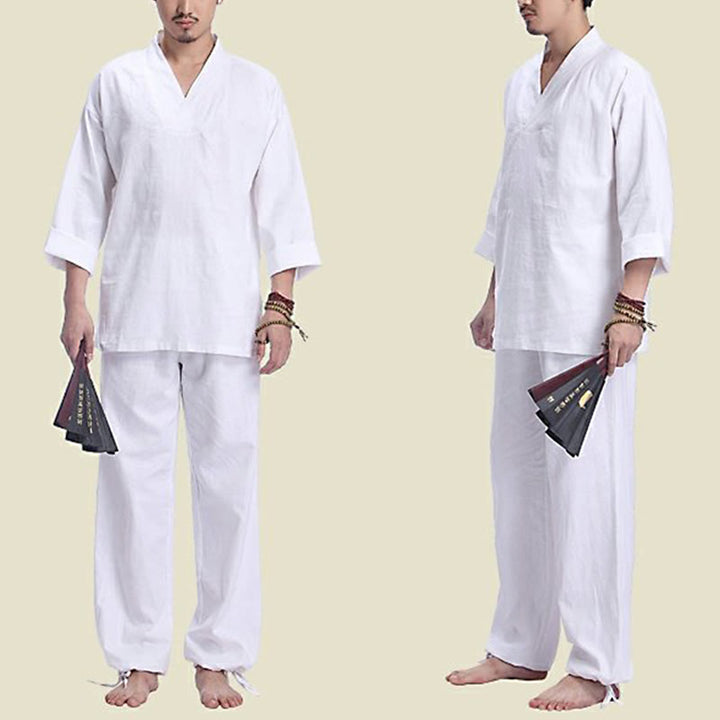 Set da uomo di abbigliamento yoga Buddha Stones a V, in cotone e lino, per meditazione e preghiera, spirituale e zen