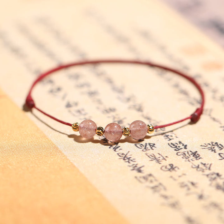Buddha Stones Natural Strawberry Quartz Crystal Love Braccialetto intrecciato con corda rossa alla caviglia