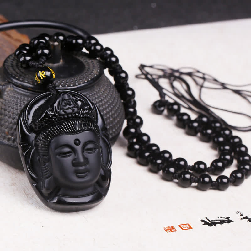 Buddha Stones Ossidiana nera naturale Kwan Yin Avalokitesvara Forza Collana con ciondolo - Ossidiana nera (Purificazione♥Trasformazione) - image 1