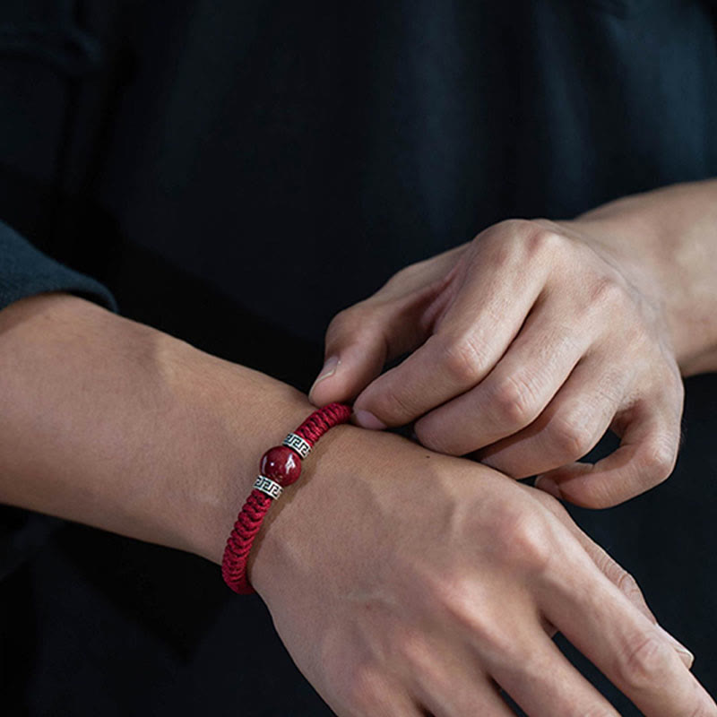 Braccialetto in corda intrecciata fatto a mano con perline di cinabro naturale in argento sterling 925 Buddha Stones