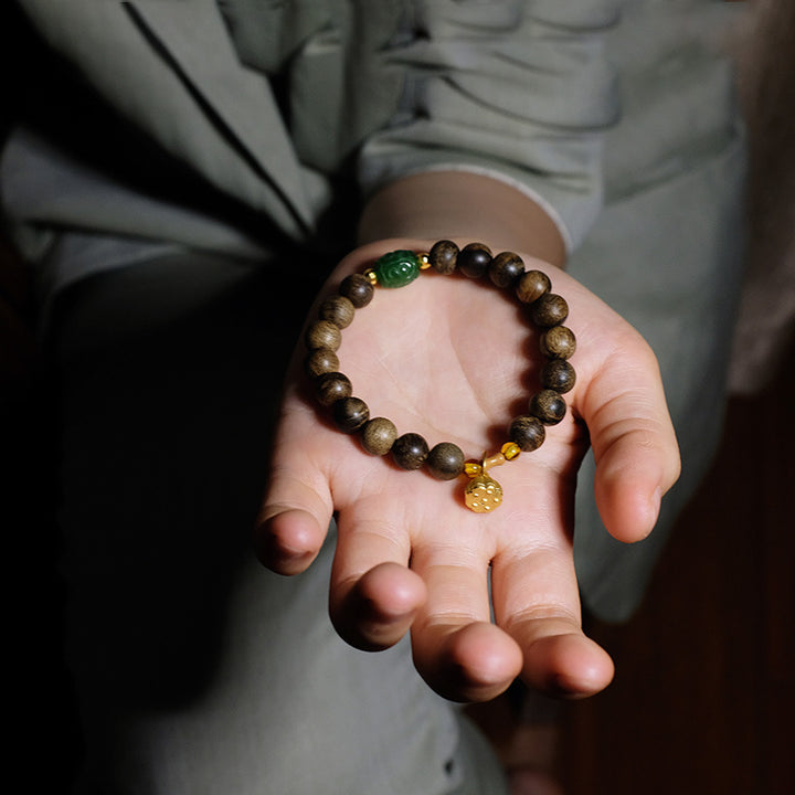 Bracciale Buddha Stones 999 Oro Brunei Agarwood Giada Ciano Fiore di Loto Pace Forza