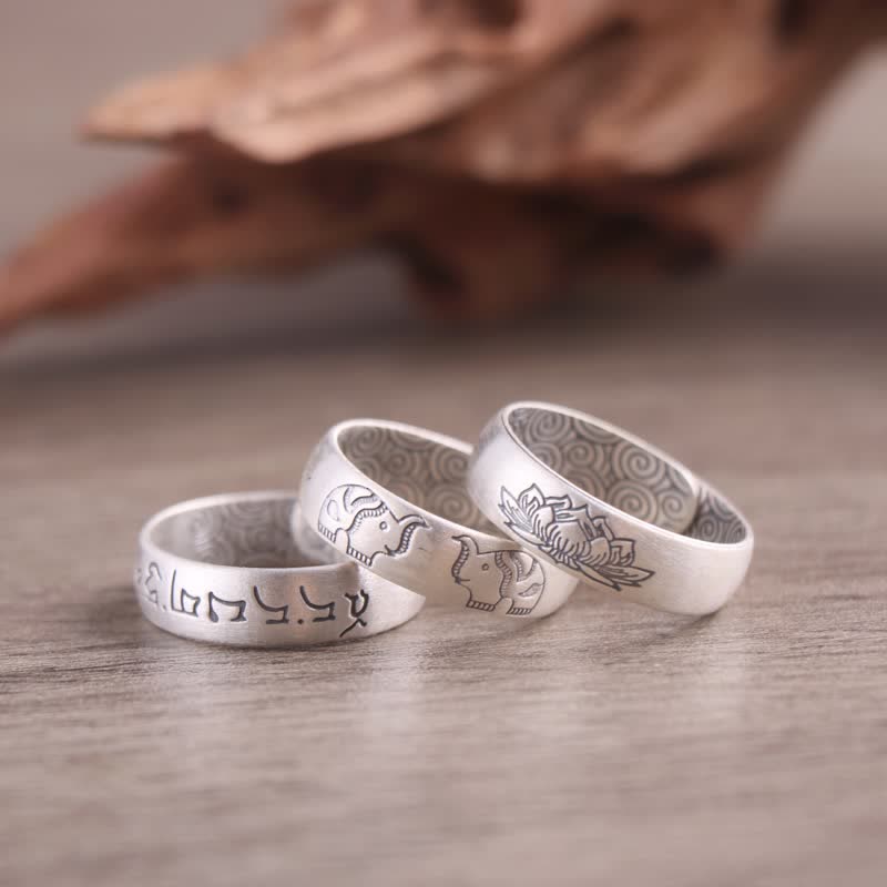 Anello di benedizione Buddha Stones 999 Sterling Silver Lotus Elephant Six True Words - image 0