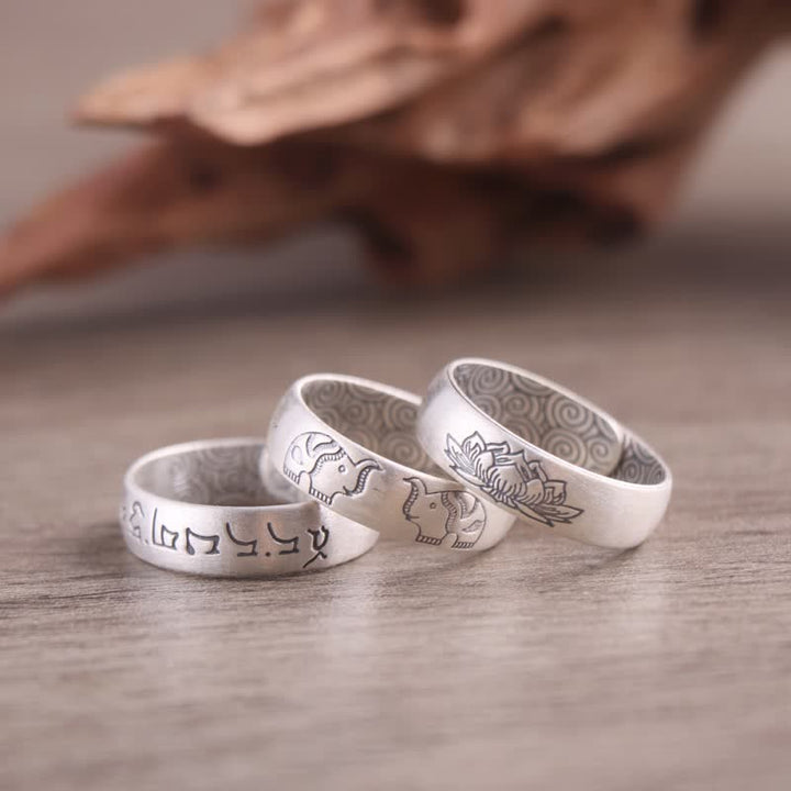 Anello di benedizione Buddha Stones 999 Sterling Silver Lotus Elephant Six True Words - image 0