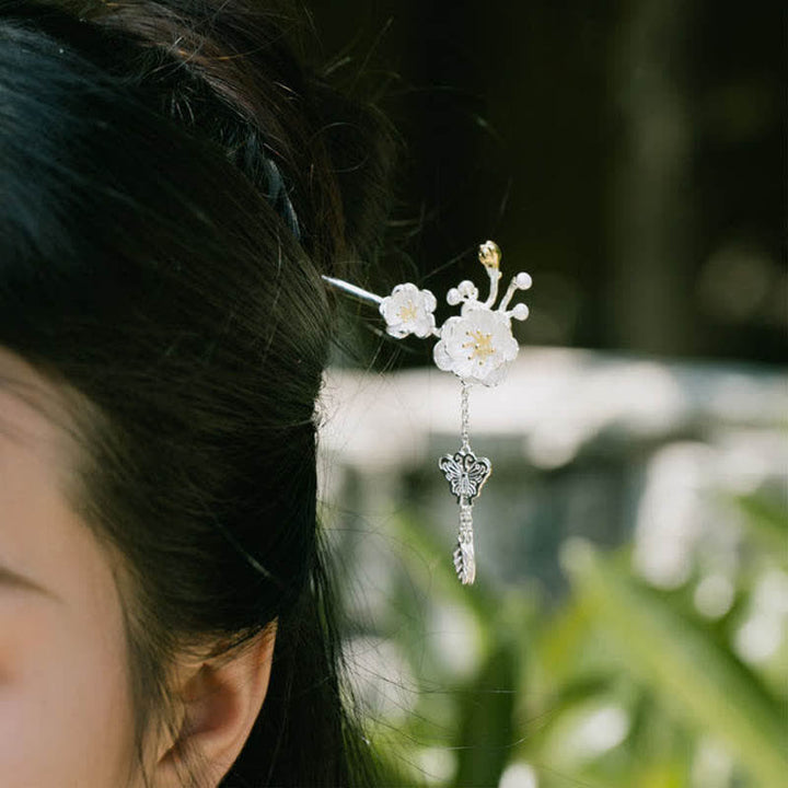 Spilla per capelli con farfalla e fiore di prugno, in Buddha Stones, con nappe d'amore. - image 3
