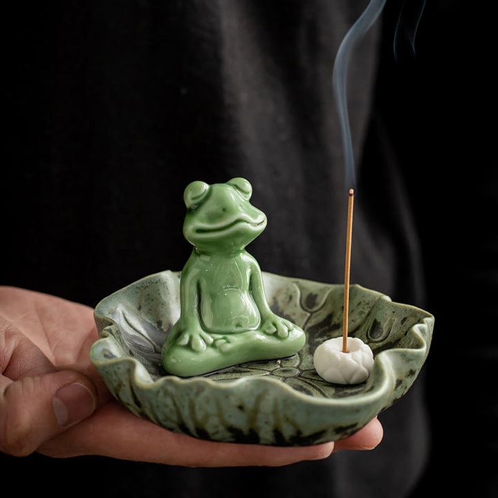 Buddha Stones Foglia Meditazione Rana Modello Guarigione Ceramica Bruciatore Incenso Decorazione