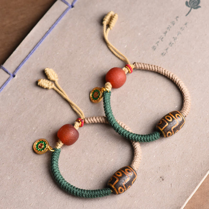 Braccialetto di corda della ricchezza con perline Dzi a nove occhi tibetane fatte a mano Buddha Stones