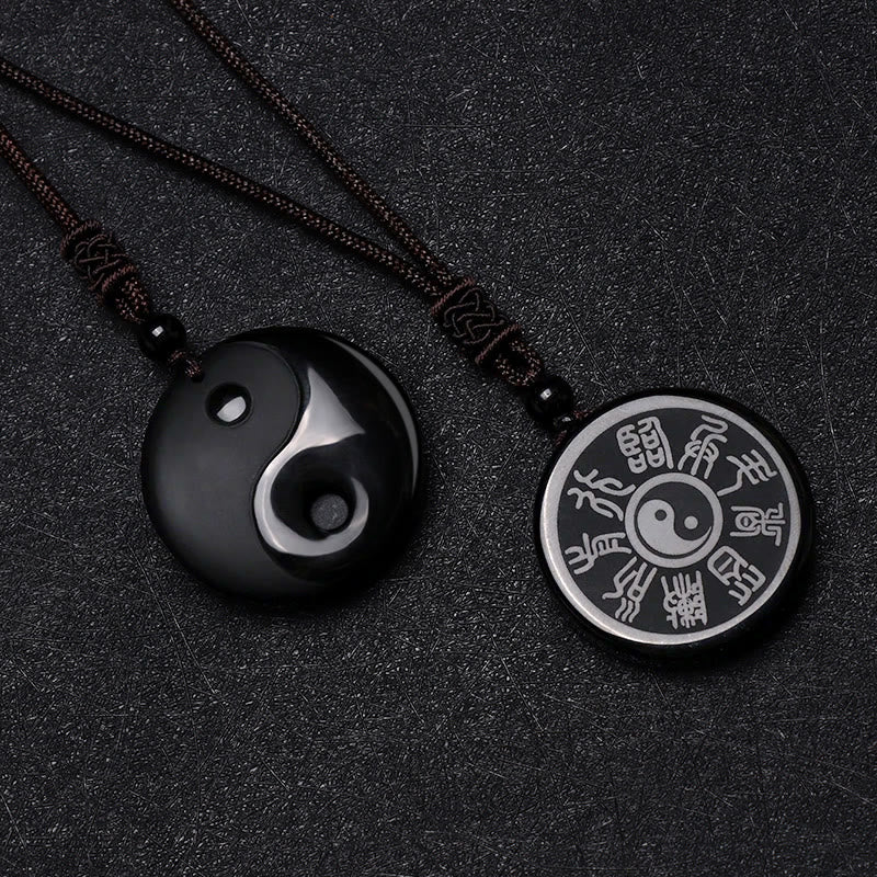 Buddha Stones Ossidiana nera Taoismo Cinque montagne sacre Mantra a nove caratteri Intagliato Purificazione Yin Yang Collana pendente - image 1