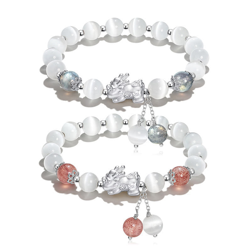 Braccialetto di supporto PiXiu in quarzo fragola con pietra lunare naturale occhio di gatto Buddha Stones