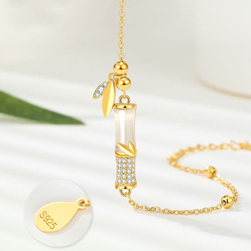 Bracciale Buddha Stones in argento sterling 925 placcato oro 18K con foglia di giada bianca e zircone di bambù - image 4