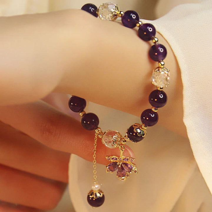 Bracciale con ciondolo a forma di foglia d'acero con ametista naturale placcato oro 14k Buddha Stones