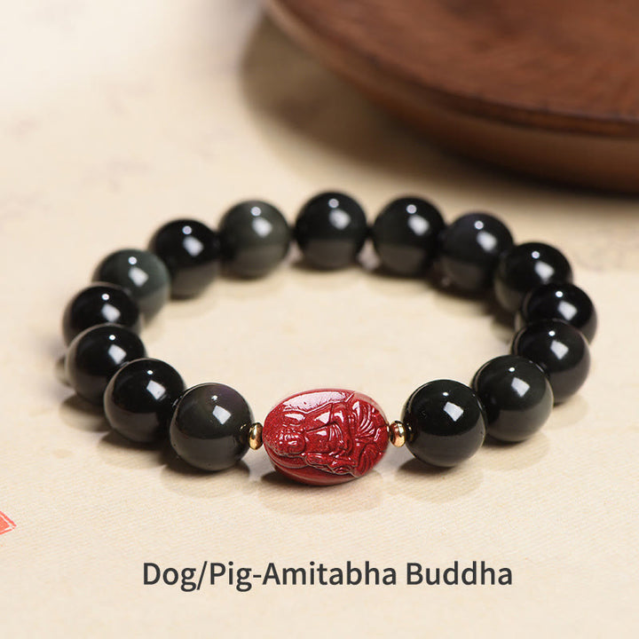 Buddha Stones Zodiaco cinese Buddha natale Ossidiana nera naturale Braccialetto di purificazione Cinabro