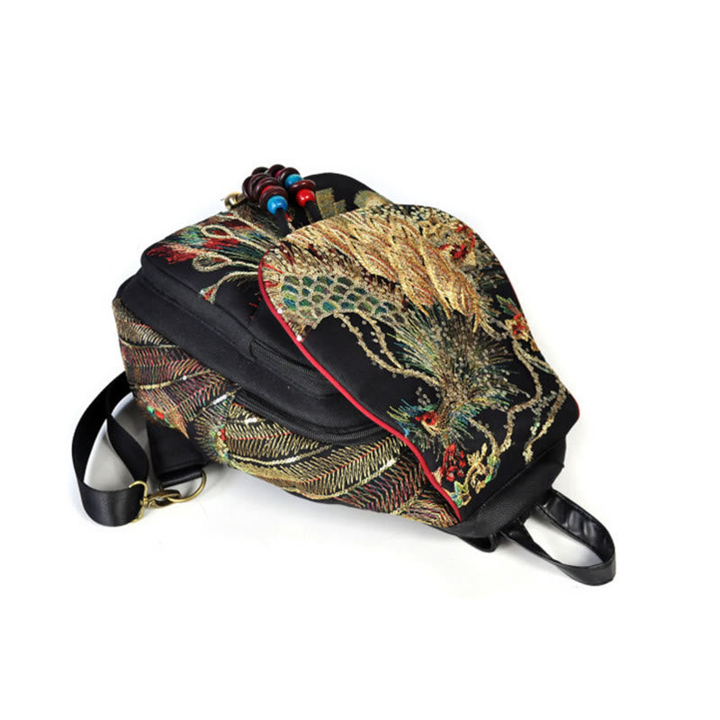 Zaino in tela con nappa e ricamo di pavone Buddha Stones