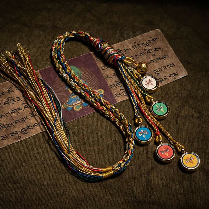 Decorazione da appendere alla parete dell'auto con protezione Thangka dei cinque dei della ricchezza, realizzata a mano in Tibet