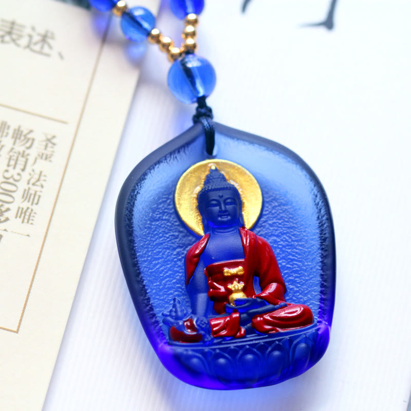 Buddha Stones Tibet Medicina Buddha Liuli Cristallo Compassione Collana Pendente - Buddha della Medicina Blu - image 5