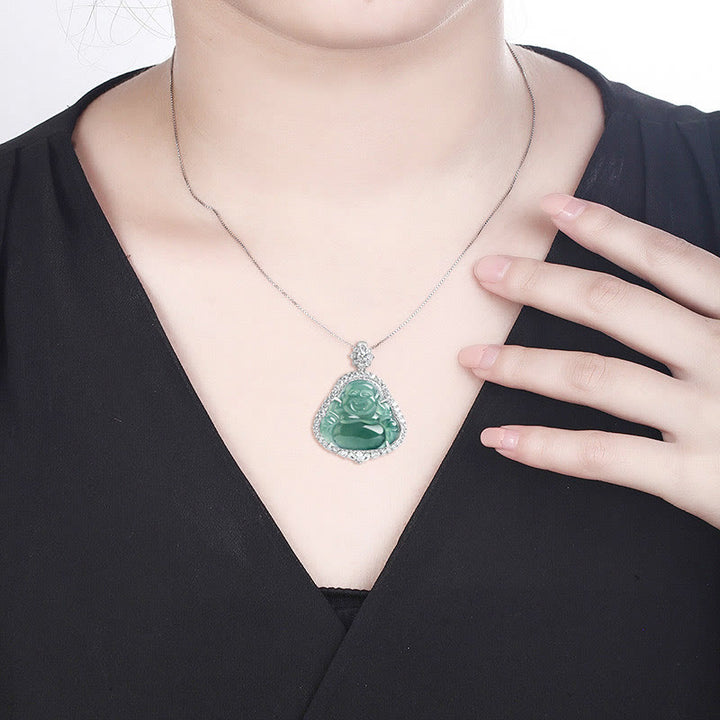 Collana con Buddha Stones in argento sterling 925 con ciondolo a forma di Buddha che ride in giada naturale con catena portafortuna e abbondanza - image 8