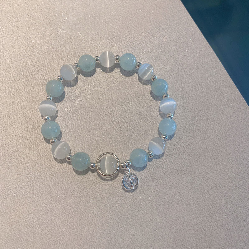 Braccialetto con ciondolo di supporto in argento sterling 925 con occhio di gatto e acquamarina Buddha Stones