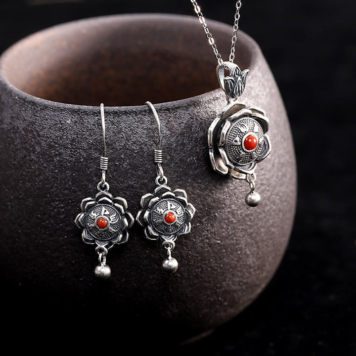 Buddha Stones 925 Sterling Silver Om Mani Padme Hum Lotus Peace Collana Ciondolo Orecchini