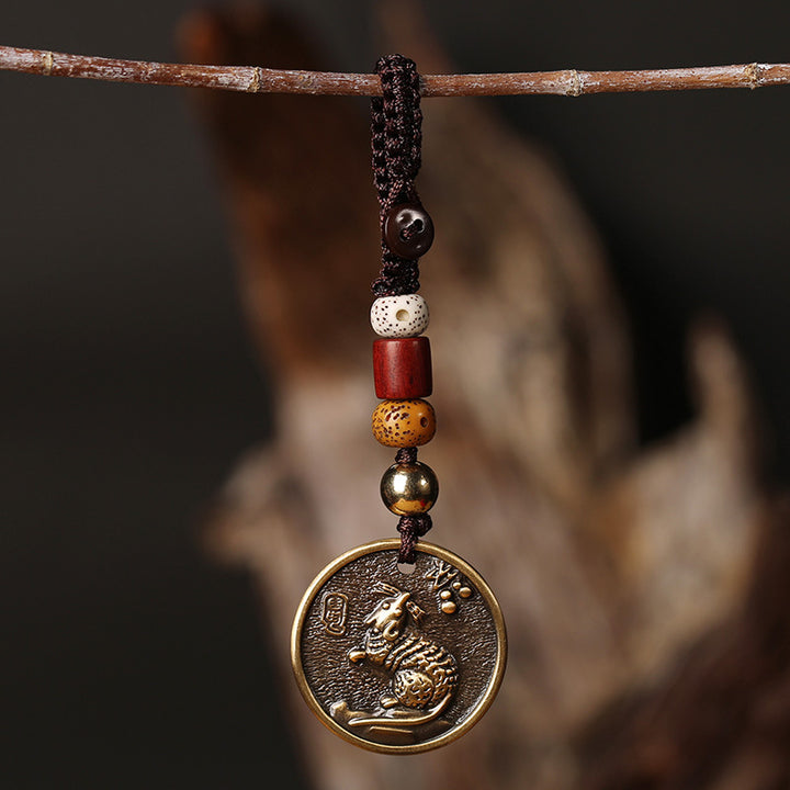 Portachiavi con decorazione in rame con zodiaco cinese e fortuna