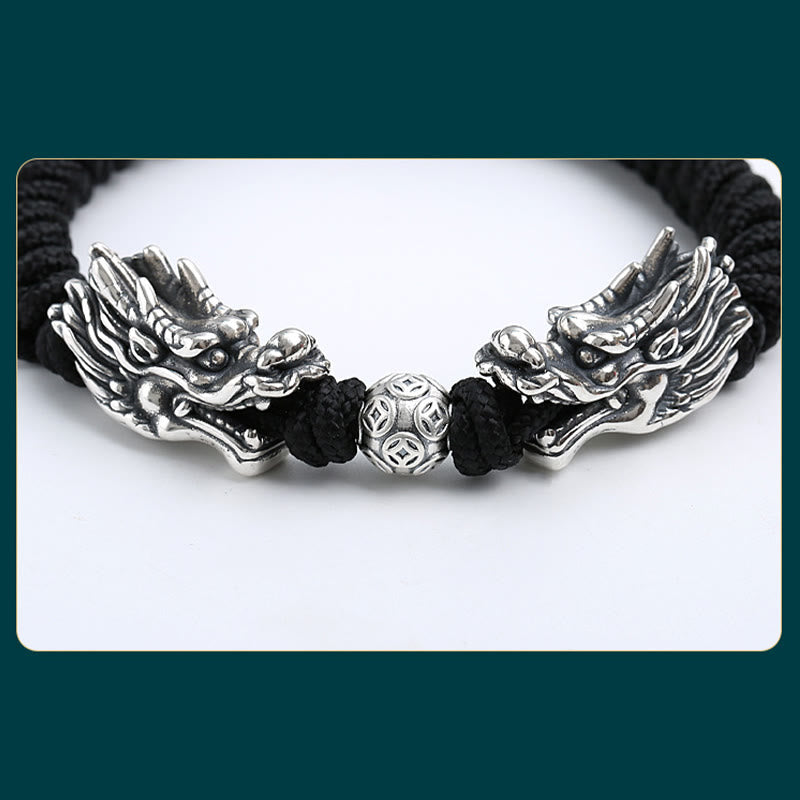Bracciale intrecciato fatto a mano con doppio drago in argento sterling 999 Buddha Stones