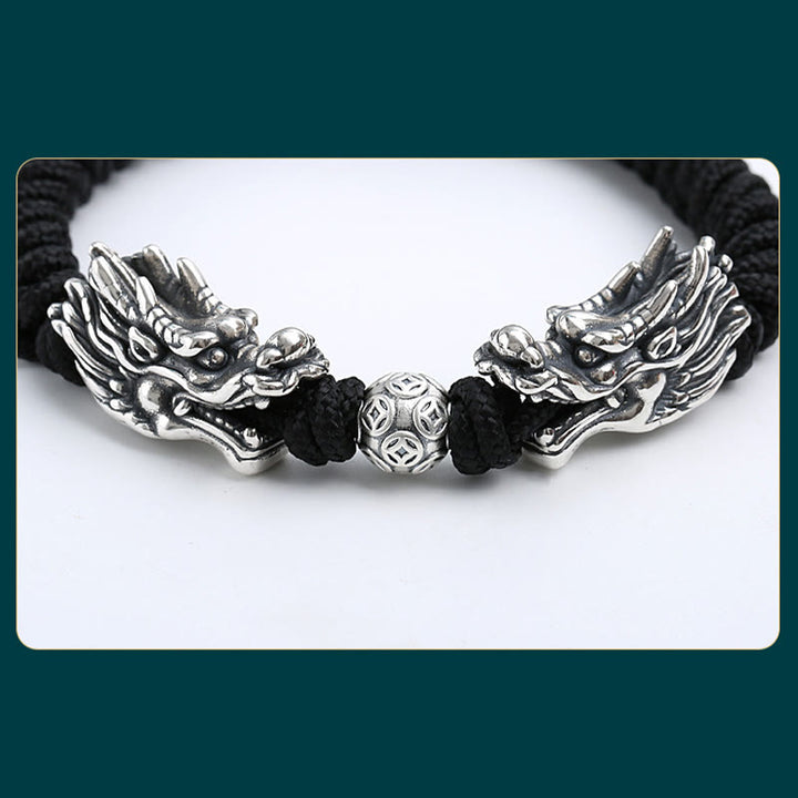 Bracciale intrecciato fatto a mano con doppio drago in argento sterling 999 Buddha Stones