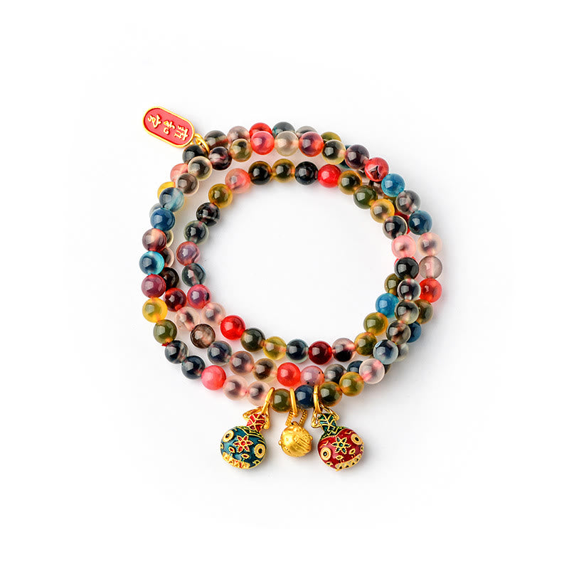 Buddha Stones Caramella Colorata Agata Oro Deglutizione Bestia Famiglia Forza Ciondolo Bracciale Triplo Avvolgimento