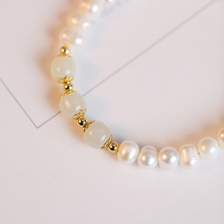 Braccialetto a catena con perle di sincerità in giada bianca e giada ciano di Hetian, placcato in oro 14K