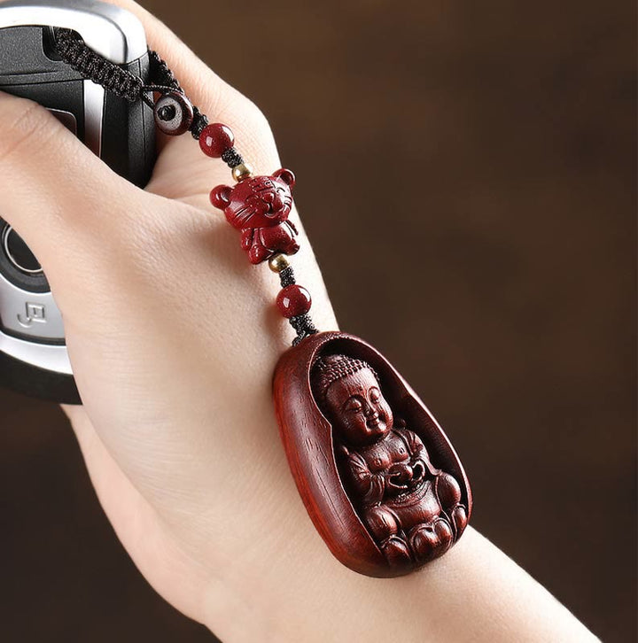 Buddha Stones Piccola foglia Sandalo rosso Buddha Cinabro Zodiaco cinese Amuleto Protezione Portachiavi