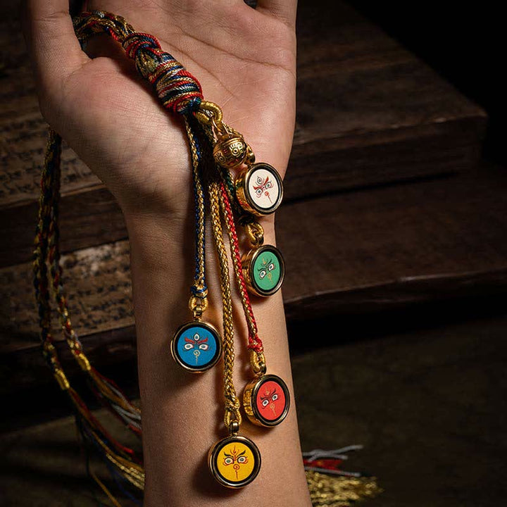Decorazione da appendere alla parete dell'auto con protezione Thangka dei cinque dei della ricchezza, realizzata a mano in Tibet