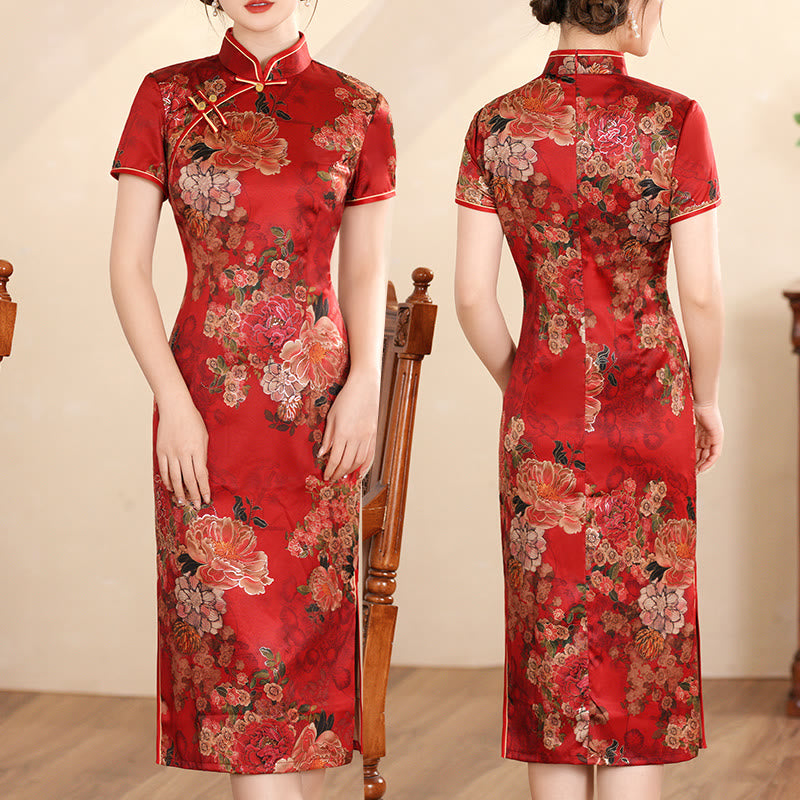 Abito da donna in cheongsam con stampa di piume di peonia e fiori di loto retrò Buddha Stones