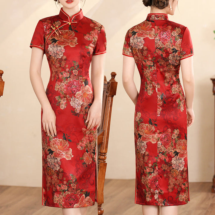 Abito da donna in cheongsam con stampa di piume di peonia e fiori di loto retrò Buddha Stones