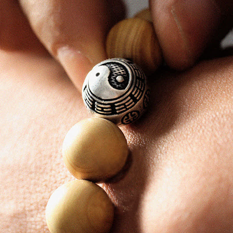Bracciale di ricchezza e fortuna di legno di pesca del Tibet, loto, cinabro, Bagua Yin Yang