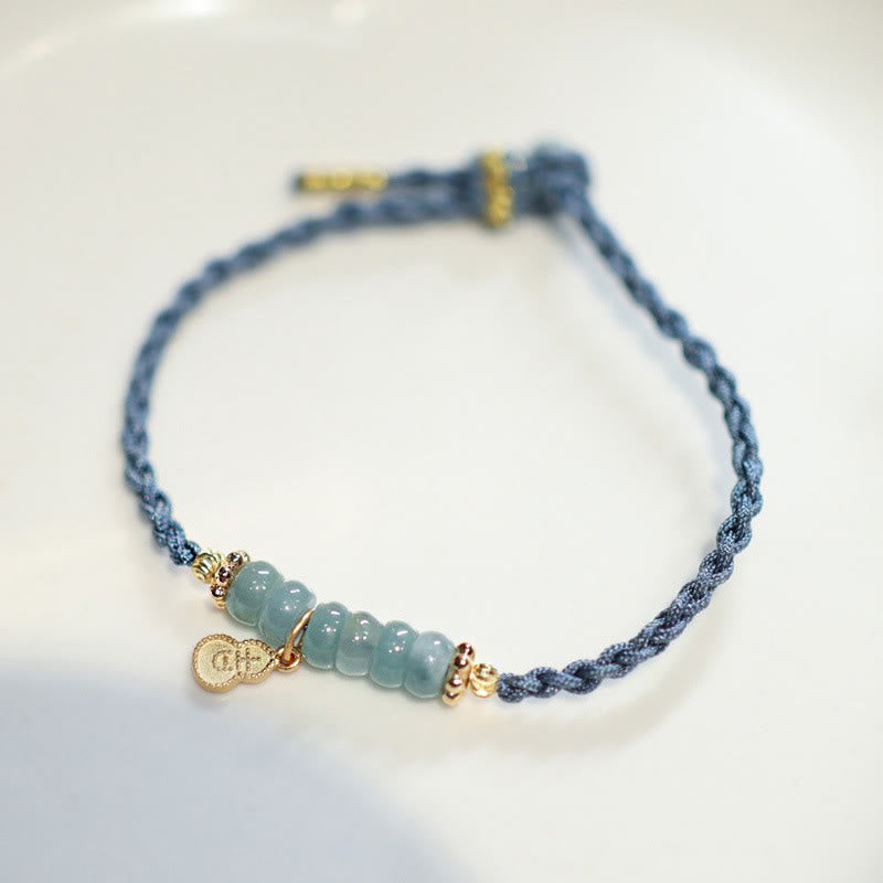 Braccialetto intrecciato con carattere Fu in argento sterling 925, giada naturale, quarzo rutilato e zucca, con fortuna