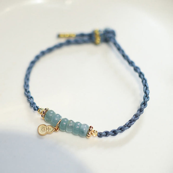 Braccialetto intrecciato con carattere Fu in argento sterling 925, giada naturale, quarzo rutilato e zucca, con fortuna