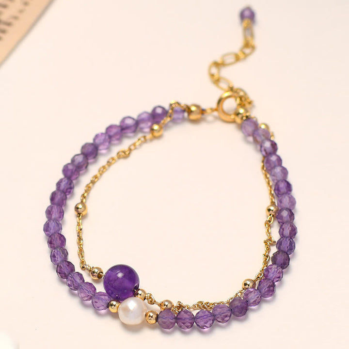 Bracciale a catena a doppio strato con cristalli di ametista placcati in oro 14K Buddha Stones