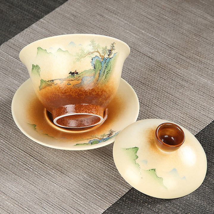 Buddha Stones Montagna Paesaggio Campagna Ceramica Gaiwan Sancai Tazza da tè Kung Fu Tazza da tè e piattino con coperchio