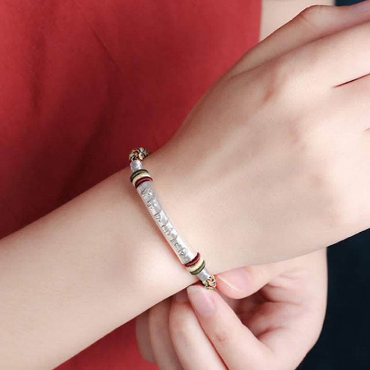 Braccialetto di corda di protezione e forza Om Mani Padme Hum in argento sterling 999 Buddha Stones