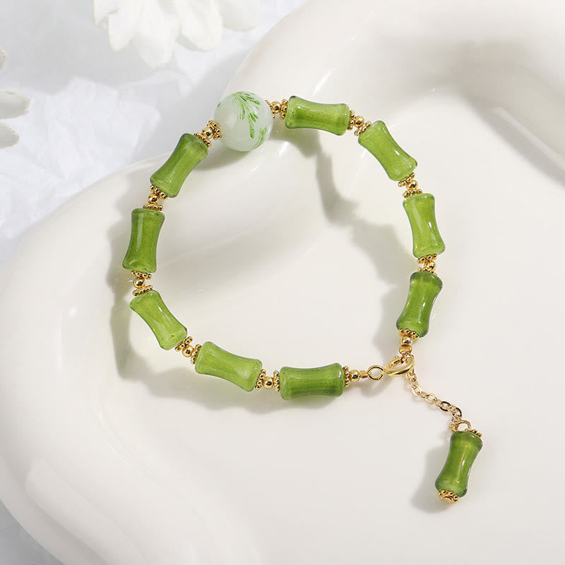 Bracciale a catena della ricchezza in agata muschiata con motivo in bambù verde Buddha Stones Liuli