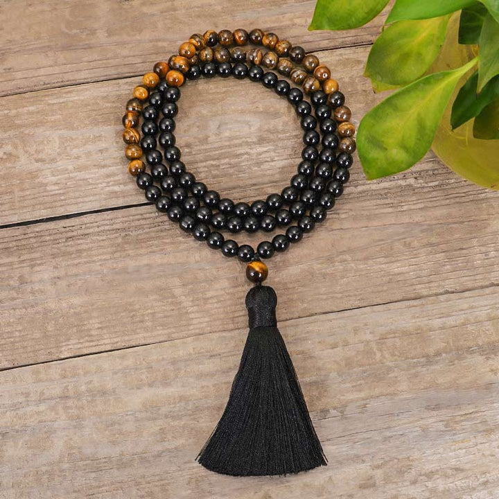 Collana di protezione con occhio di tigre in onice nero tibetano Buddha Stones Mala Set