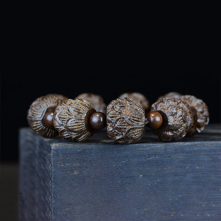 Braccialetto di equilibrio inciso Buddha Stones, legno di ebano, diciotto Arhat, drago di loto