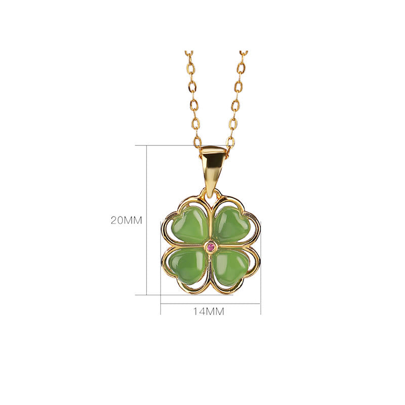 Collana con ciondolo a forma di quadrifoglio fortunato con Buddha Stones in argento sterling 925, giada ciano Hetian, guarigione