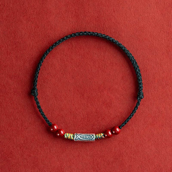 Buddha Stones 925 Sterling Silver Koi Fish Cinnabar Bead Wealth Braccialetto intrecciato artigianale Cavigliera