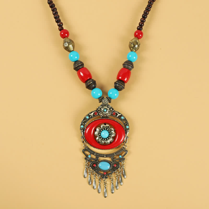 Perline retrò tibetane con nappa per capelli, accessori per capelli - Fiori-Rosso - image 12