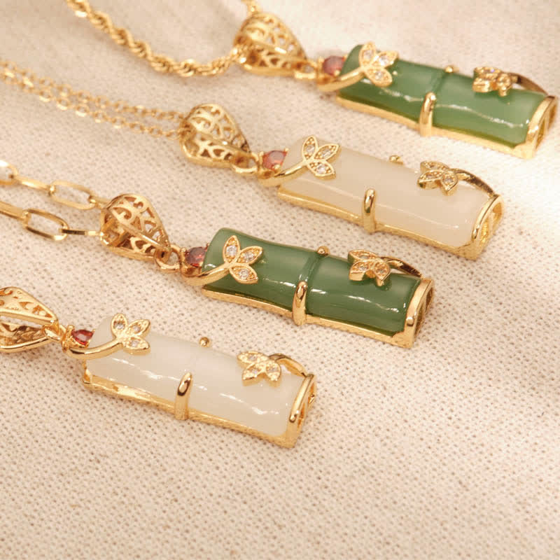 Collana con ciondolo di protezione dalla fortuna in bambù, giada bianca e giada ciano Buddha Stones
