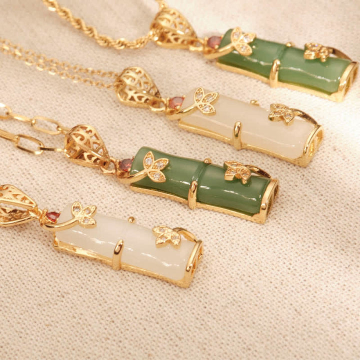Collana con ciondolo di protezione dalla fortuna in bambù, giada bianca e giada ciano Buddha Stones