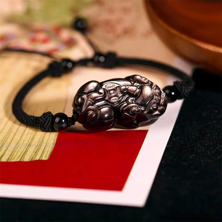 Braccialetto della ricchezza con moneta di PiXiu Cooper in ossidiana naturale, ametista, citrino e Buddha Stones
